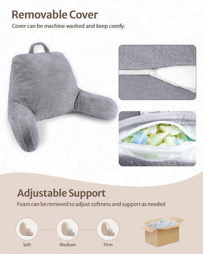 Blissful Diary Reading Pillow, Backrest Pillow with Shredded Memory Foam for Adult & Children, Designed for Bed and Couch Sitting Up, Includes Arms, Pockets and Washable Cover, Off White