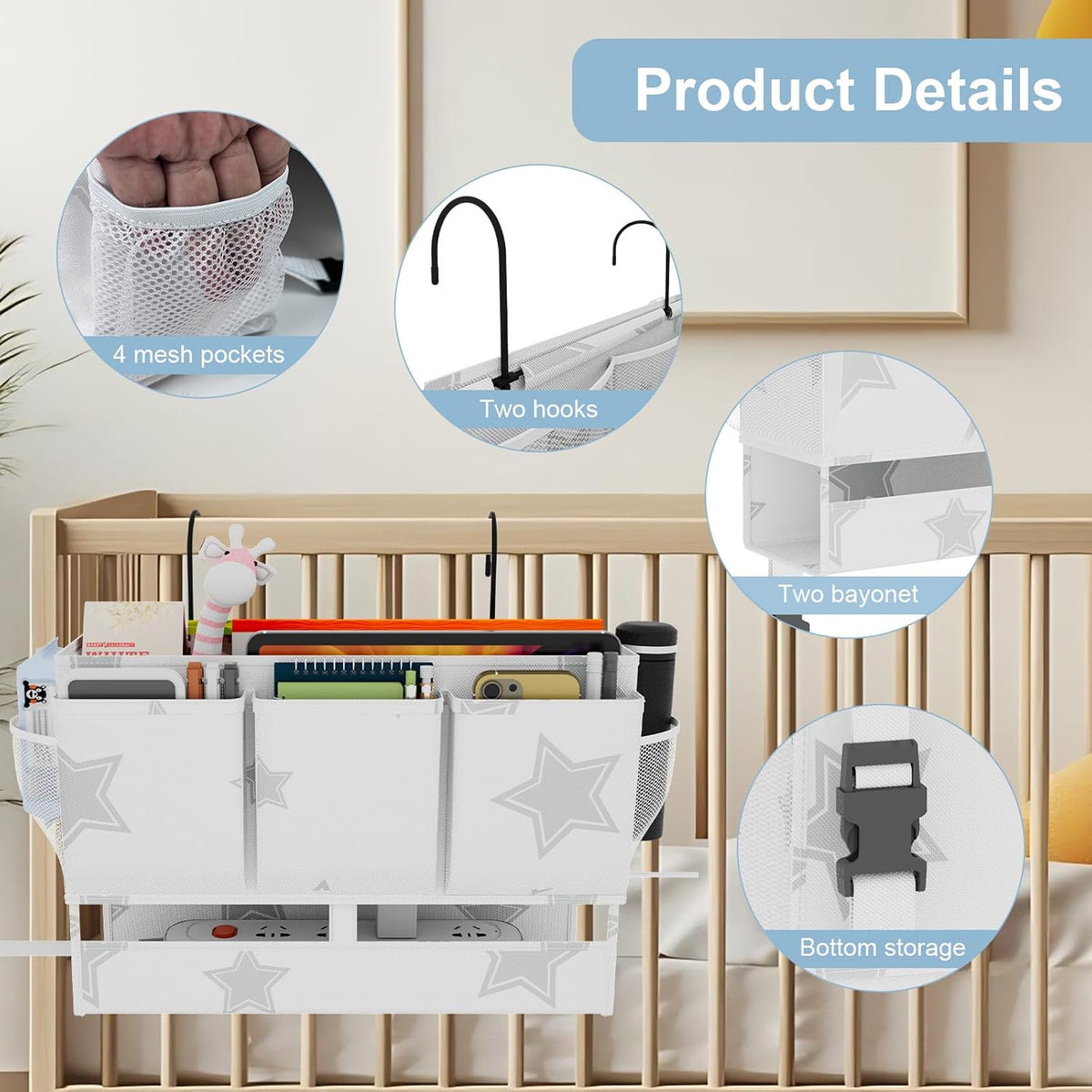 homyfort Bedside Caddy Organizer, Dual-Purpose Bedside Storage with Power Strip Holder, Versatile Bed Caddy with 11 Pockets for Bunk Bed, College Dorm, Home, Hospital, Fits Phones, Books, Blue