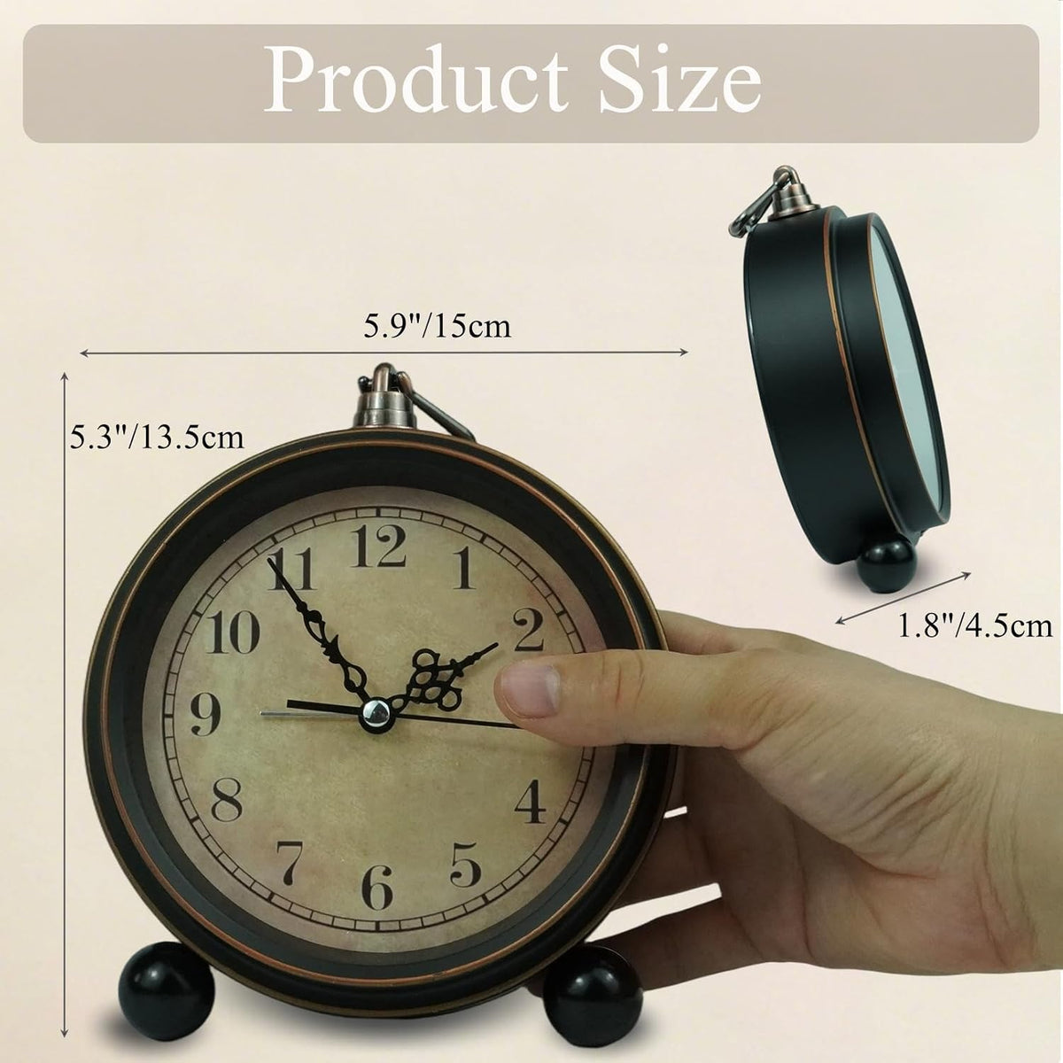 Vintage Analog Alarm Clock, 5.5 inch Hangable Super Silent Non Ticking Clock for Living Room, Bedroom, Desk, Gift Clock for Children Adults and Artist(Arabic)