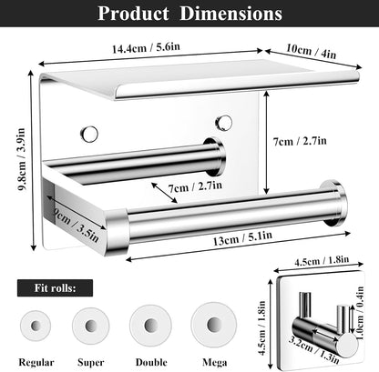 Tindbea Toilet Paper Holder Wall Mount + Towel Robe Hooks, Adhesive or Screw Wall Mounted Toilet Paper Roll Holder with Shelf, Stainless Steel Bathroom Organizers and Storage Kit (Brushed Gold)
