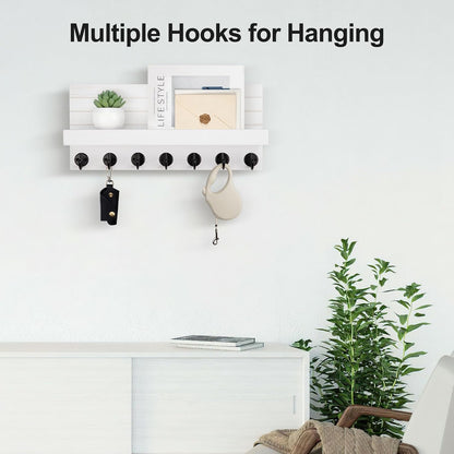 Lwenki Key Holder Wall Mount, Entryway Key and Mail Holder with 7 Sturdy Hooks for Sunglasses, Dog Leash, Decorative Wall Shelf with Mounting Hardware, 15”W x 6.7”H x 4.2”D