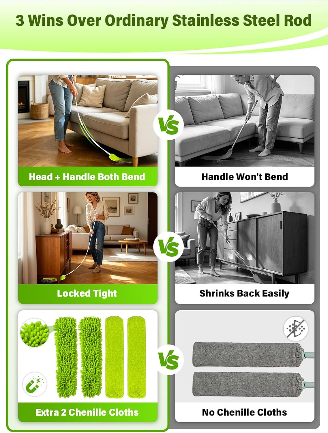 Bend-Free Gap Dust Cleaner Cleaning Tools Washable Flat Duster Brush with 4 Microfiber Chenille Dusting Cloths Long Handle 56 inches for Cleaning Under Appliances Furniture Couch Bed Fridge