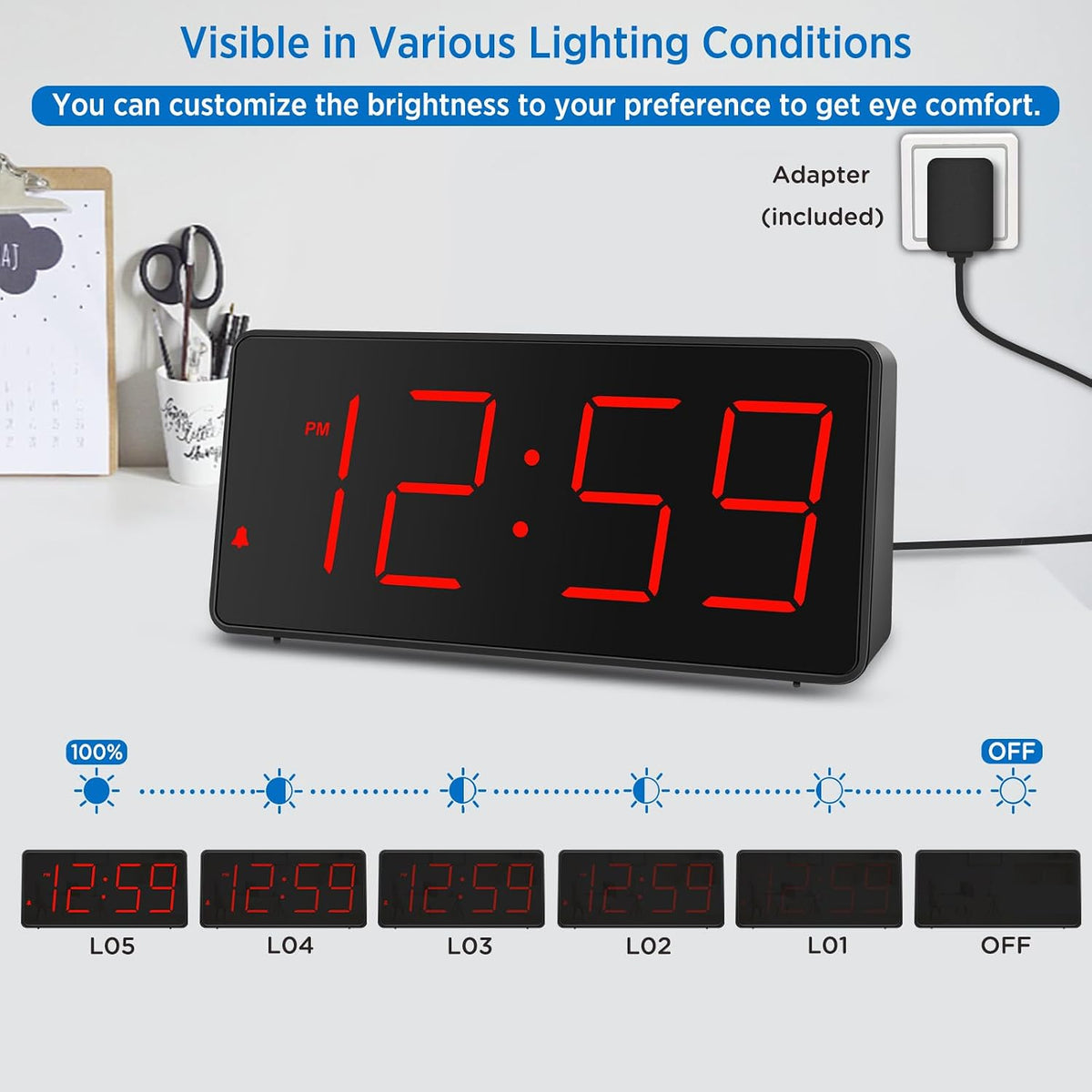 Peakeep Digital Alarm Clock for Bedroom Bedside, Large Display, USB Charger