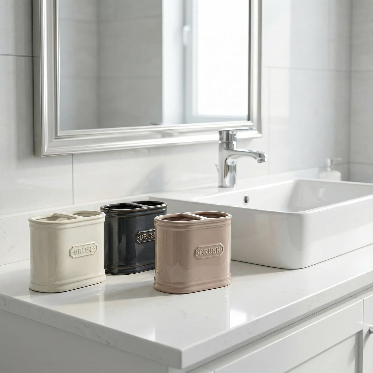 Dusty Pink Ceramic Toothbrush Holder，Bathroom countertop Organizer，Large Capacity