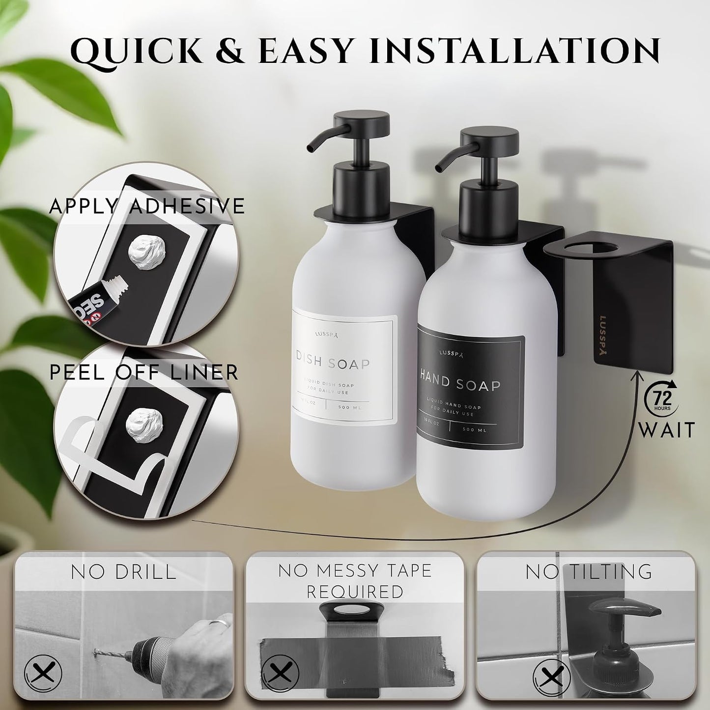Shower Shampoo Dispenser Wall Mounted – 3 Refillable 16.9 oz Clear Bottles with Stainless Steel Pumps & No-Drill Adhesive Holders – Soap Dispenser Set for Bathroom (3 X Clear/Silver)