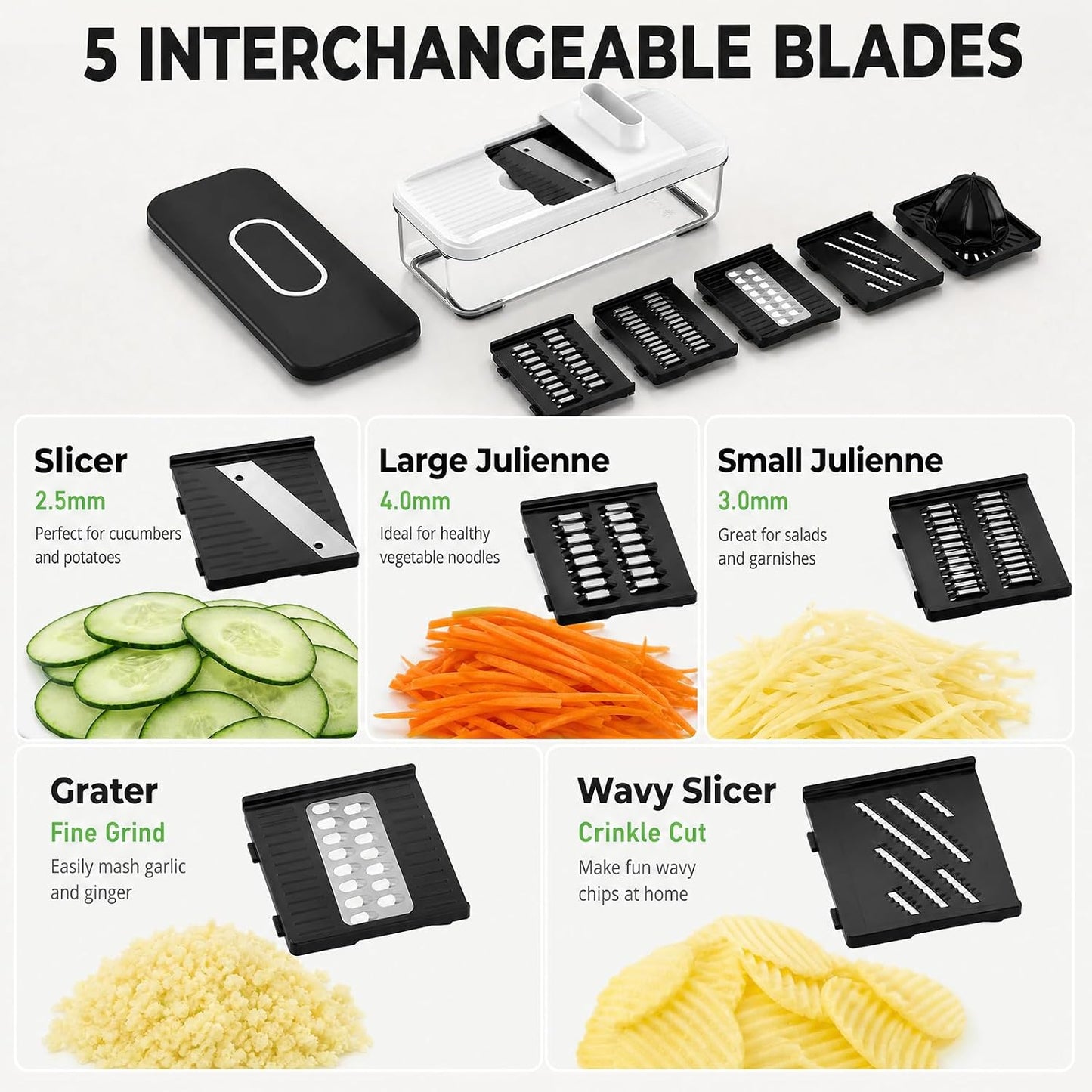 7-in-1 Mandoline Vegetable Slicer, Multi-Purpose Food Chopper & Grater with 5 Interchangeable Blades, Adjustable Julienne Cutter with Container & Safety Guard, Kitchen Gadget for Meal Prep