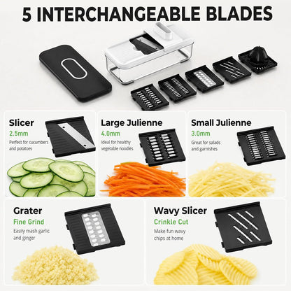 7-in-1 Mandoline Vegetable Slicer, Multi-Purpose Food Chopper & Grater with 5 Interchangeable Blades, Adjustable Julienne Cutter with Container & Safety Guard, Kitchen Gadget for Meal Prep