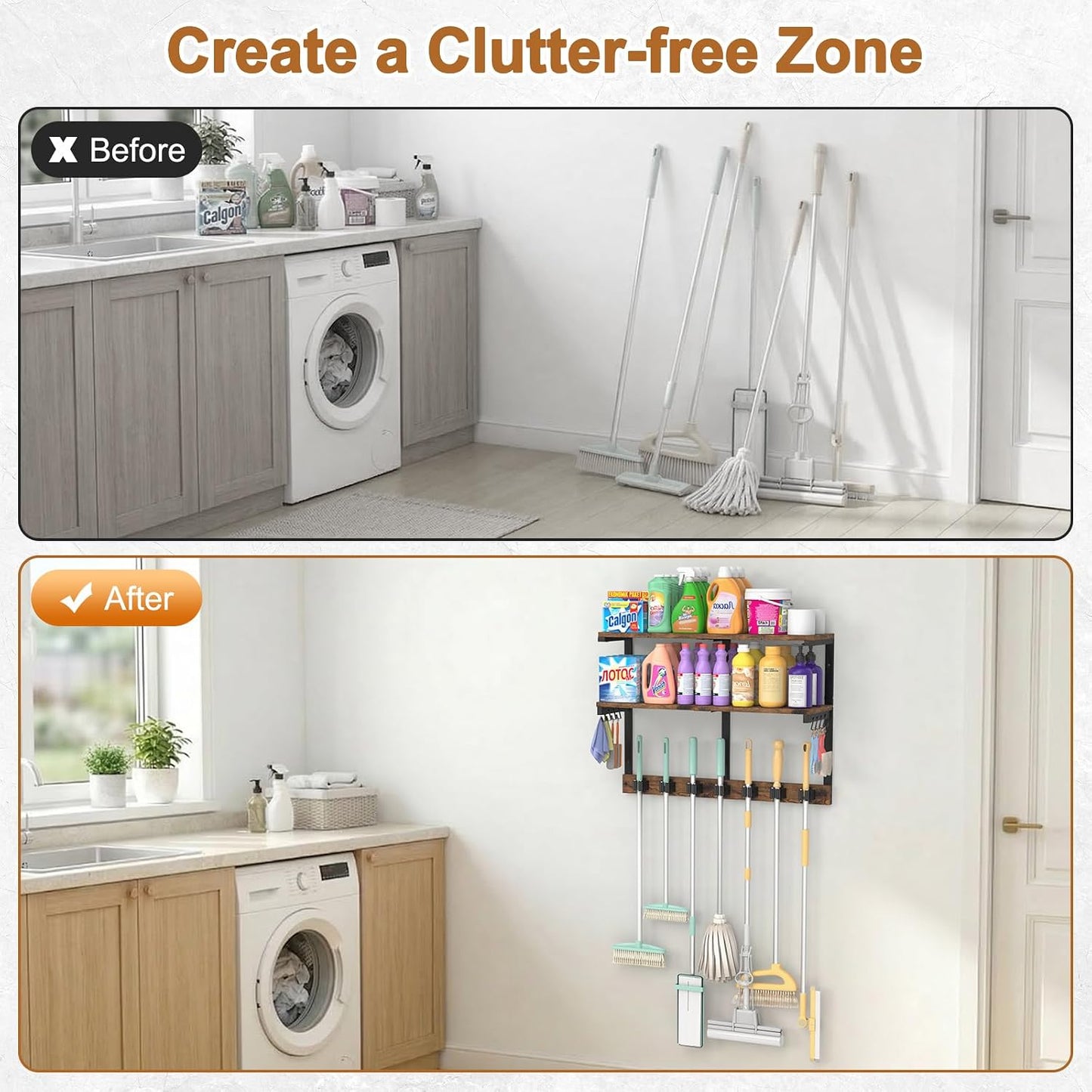Housolution Wall Mount Broom Holder Hanger Laundry Room Storage Shelves | Thickened Metal Frame, 100 LBS High Load-Bearing, Large Capacity, Multifunctional with 7 Grippers & 8 Hooks