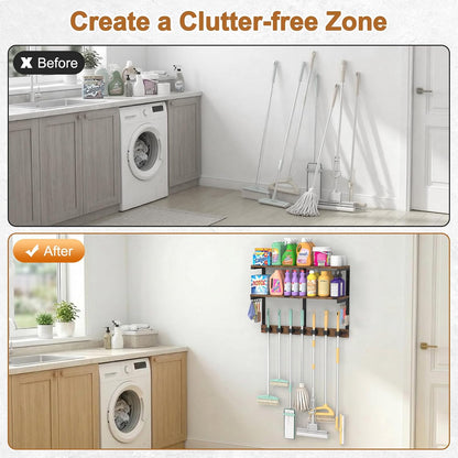 Housolution Wall Mount Broom Holder Hanger Laundry Room Storage Shelves | Thickened Metal Frame, 100 LBS High Load-Bearing, Large Capacity, Multifunctional with 7 Grippers & 8 Hooks