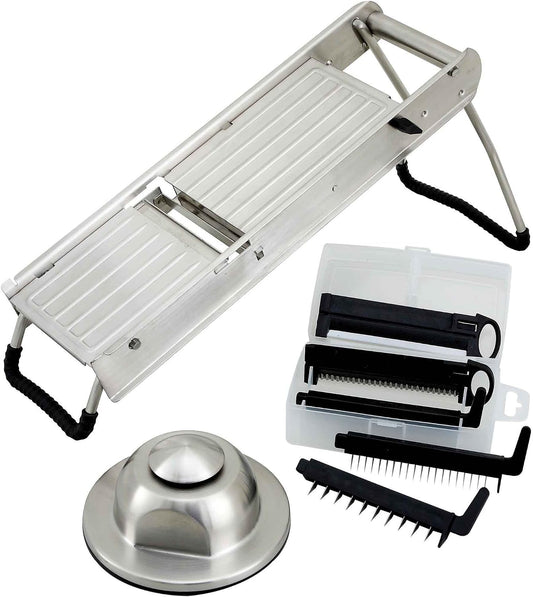 Winco winware Stainless Steel Mandoline Slicer Set with Hand Guard | Safety barrier, Great for Food Preparation, Portioning, Prep Stations and Foodservice