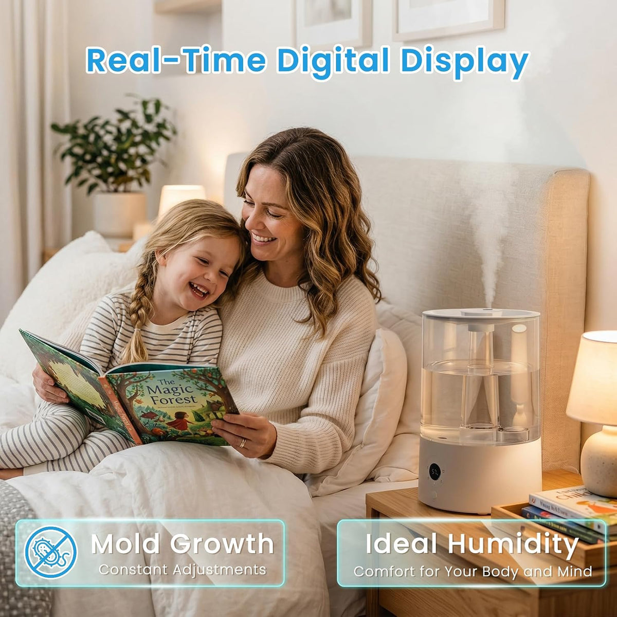 COWSAR Humidifier for Bedroom, 3L Top Fill Cool Mist Humidifier for Large Room, Easy to Fill & Clean, Quiet 22dB, Baby Humidifier, Nightlight, Timer/Sleep Mode, 360° Nozzle, Aromatherapy Tray, White