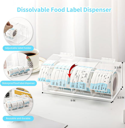 Adjustable Label Dispenser 4 Disks Sticker Roll Holder Acrylic Sticker Dispenser 9" x 3.5" x 3.5" Dissolvable Food Label Sticker Holder Organizer Label Stand for Date Sticker Label Desktop（No Label）
