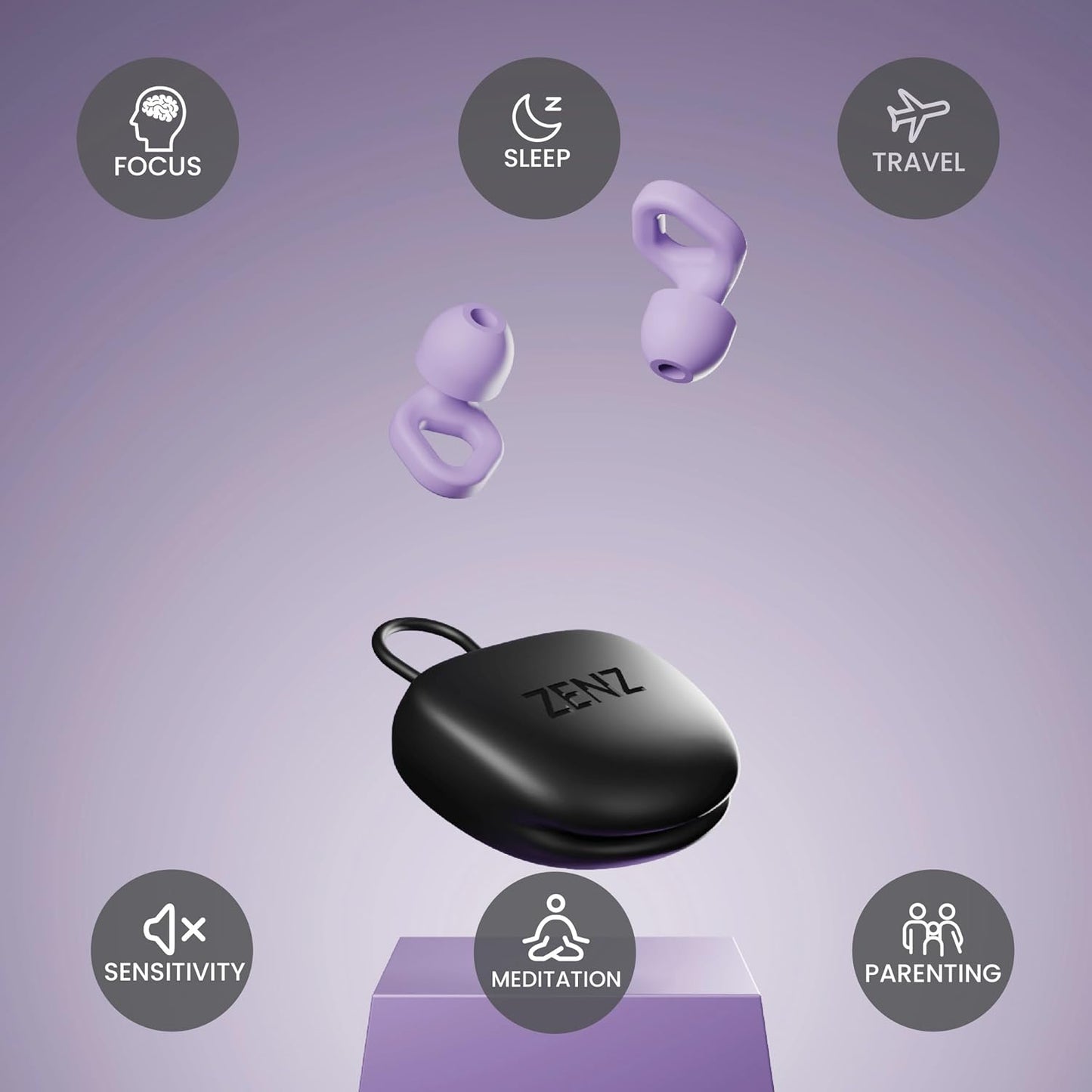 Zenz Unwind Ear Plugs for Sleeping Noise Reduction - Comfy Reusable Soft Silicone Earplugs for Focus, Study, Work - 8 Pair Eartips in XS/S/M/L - 27dB Hearing Protection with Storage Case - Onyx Black