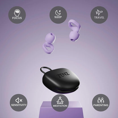 Zenz Unwind Ear Plugs for Sleeping Noise Reduction - Comfy Reusable Soft Silicone Earplugs for Focus, Study, Work - 8 Pair Eartips in XS/S/M/L - 27dB Hearing Protection with Storage Case - Onyx Black