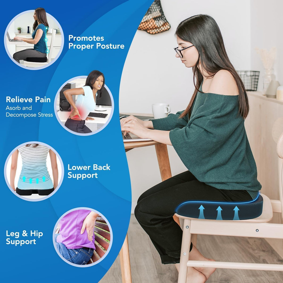 QUTOOL Seat Cushion and Lumbar Support Set for Office Chair – Supports Lower Back & Hips for Long Sitting Comfort, Helps Maintain a Comfortable Sitting Position, Ergonomic Memory Foam, Washable Cover