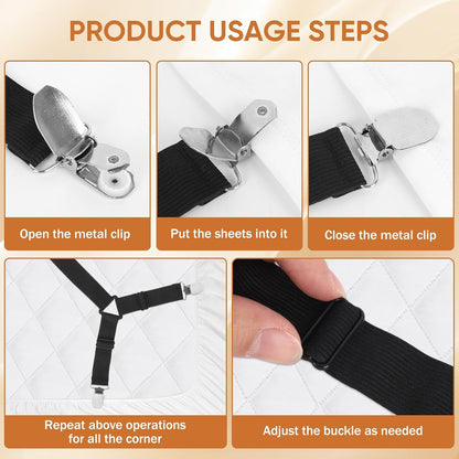 Bed Sheet Holder Straps, 2Pcs Elastic Adjustable Bed Sheet Grippers | Fitted Sheet Holder Keep Sheets in Place, Enhance Sleep Experience, Black