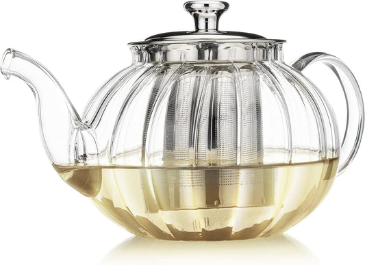 Teabloom Vienna Glass Teapot – Stain-Free Glass with Removable Loose Tea Infuser – Stovetop Safe – Dripless Spout – 24 oz / 700 ml (1-2 Cups)