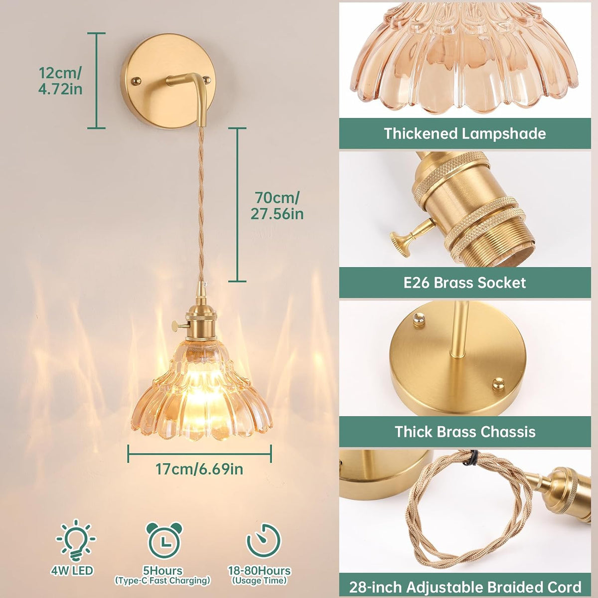 Shenmoyl Battery Operated Wall Sconce Wall Lamp with Green Lily of the Valley Shade Pattern Glass Adjustable Chain Retro Gold Wall Mounted Light, Modern Wall Lamp Fixtures Decor for Bedside Bedroom