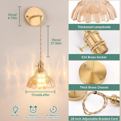 Shenmoyl Battery Operated Wall Sconce Wall Lamp with Green Lily of the Valley Shade Pattern Glass Adjustable Chain Retro Gold Wall Mounted Light, Modern Wall Lamp Fixtures Decor for Bedside Bedroom
