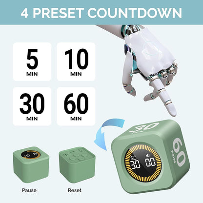 KADAMS Pomodoro Timer – Visual Cube with 5/10/30/60 Min Presets, LED Countdown Ring & Count Up Mode, Silent Flip Productivity Timer for Study, Classroom, Office, Cooking (Green 5-10-30-60 min)