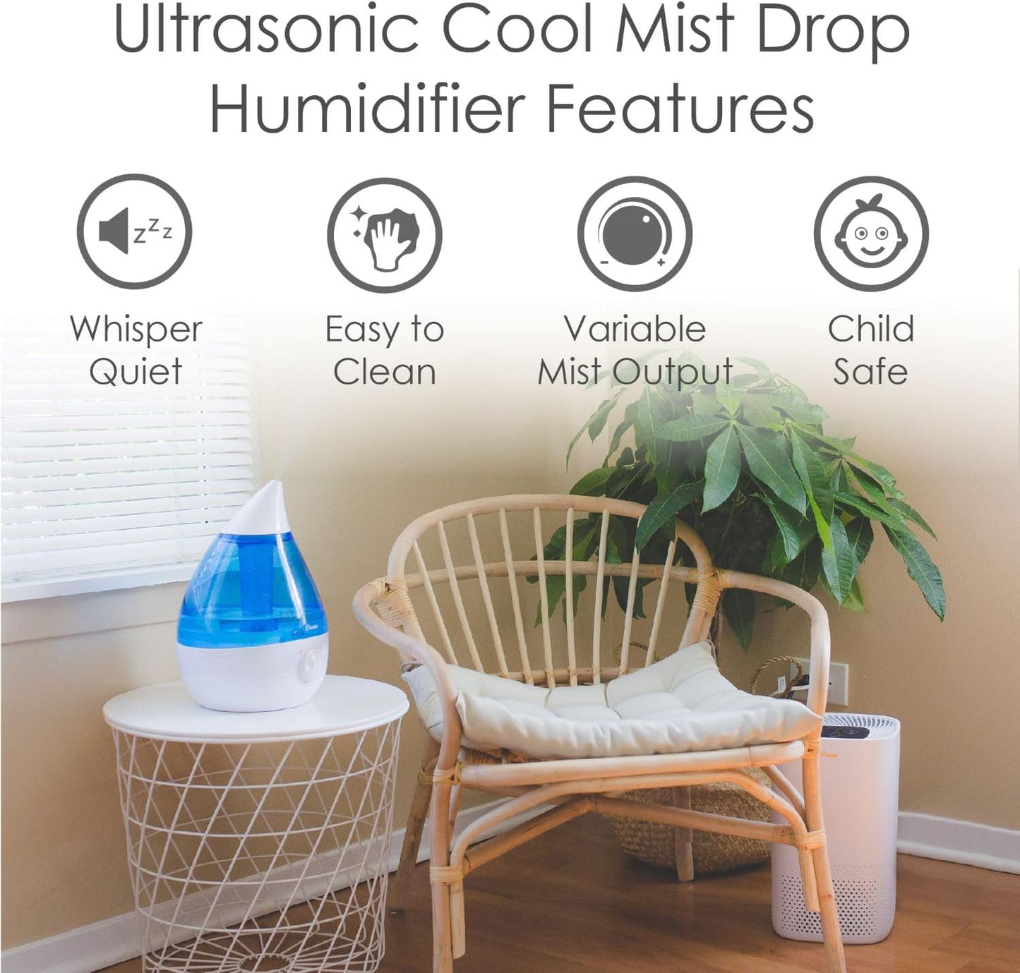Crane Ultrasonic Cool Mist Humidifier for Bedroom, Baby Nursery, Kids Room, Plants, or Office, Large 1 Gallon Tank, Filter Optional, Blue and White