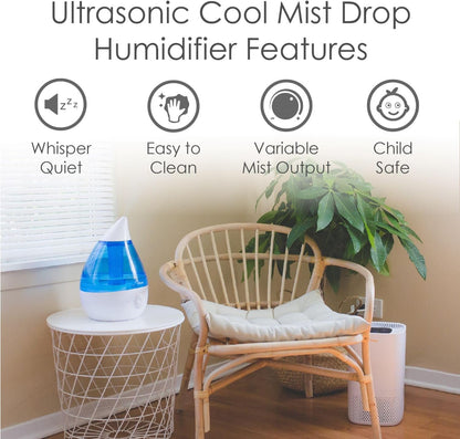 Crane Ultrasonic Cool Mist Humidifier for Bedroom, Baby Nursery, Kids Room, Plants, or Office, Large 1 Gallon Tank, Filter Optional, Blue and White
