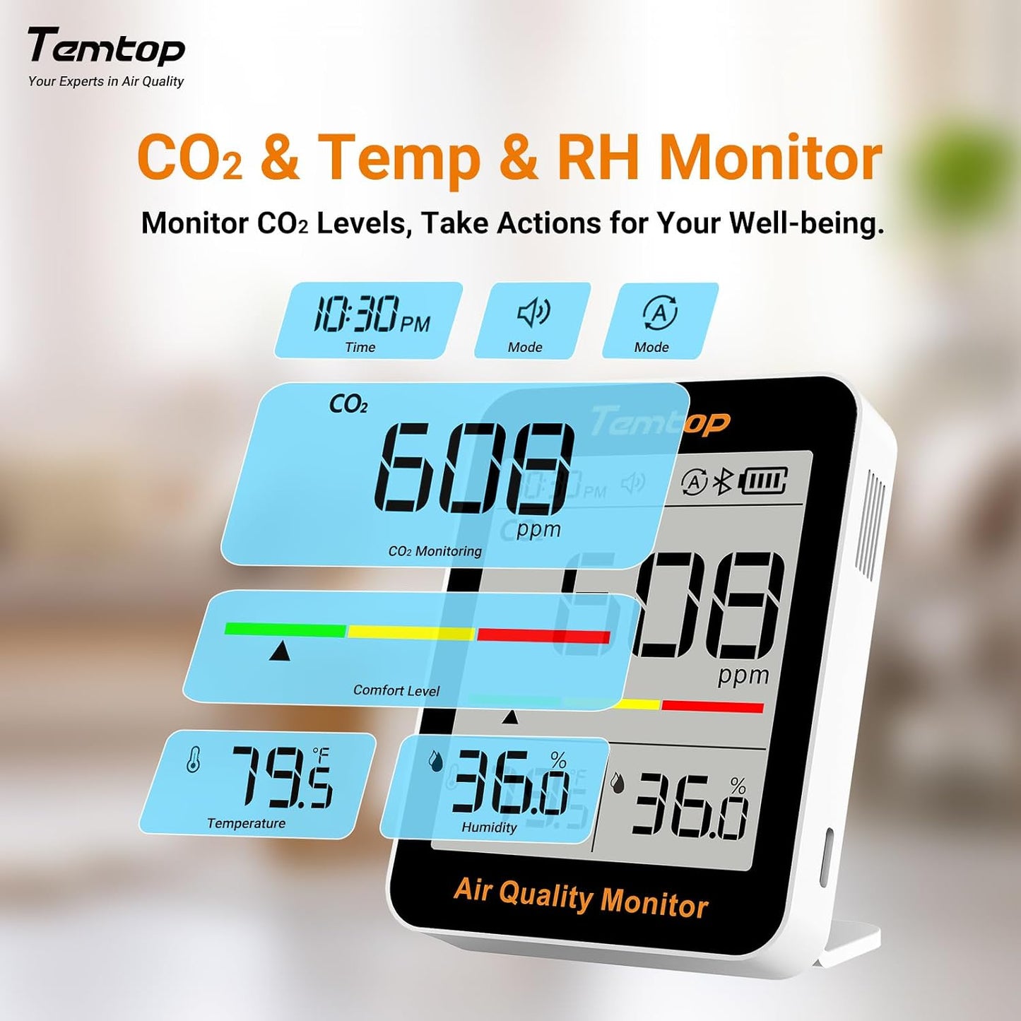 Temtop T1 Bluetooth Indoor Thermometer Hygrometer for Room Temperature | Humidity Notification Alerts, Data Export, Digital Gauge for Home, Office, Greenhouse, Garage, Nursery, Gift