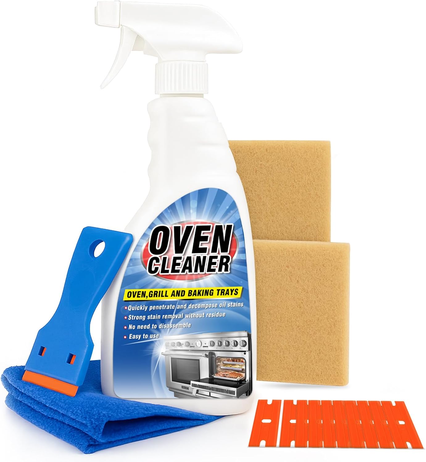 Heavy Duty Stove and Oven Cleaner Kit, Includes Cleaning Tool, Razor, Scraper and 1 Pad to Remove Tough Stains - Use on Gas, Electric, Ceramic Surfaces, 4 Piece (16.9, Fluid Ounces)