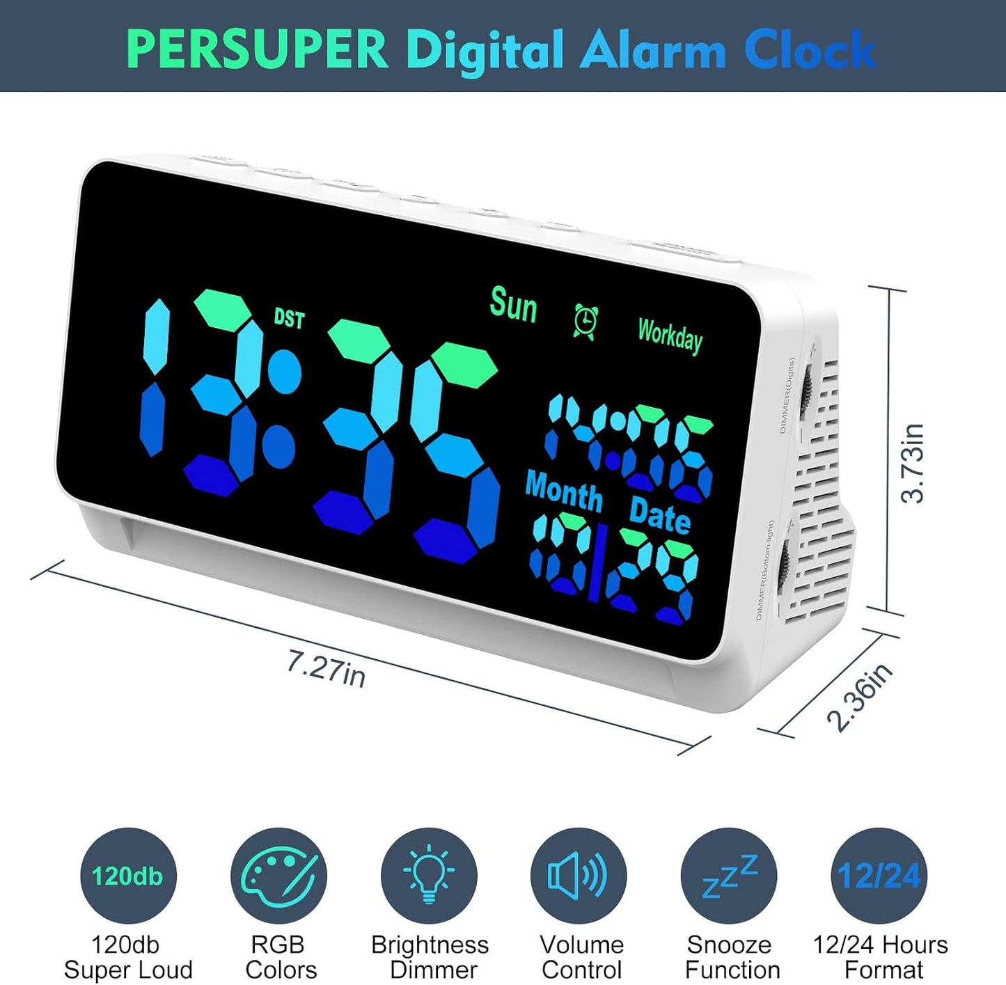 120db Super Loud Alarm Clock for Heavy Sleepers, Bluetooth Connection | 15 Wake Up Sounds, 7 Color Night Light, Dynamic RGB Color Changing, 0-100% Dimmer, Snooze, Digital Clock for Bedroom