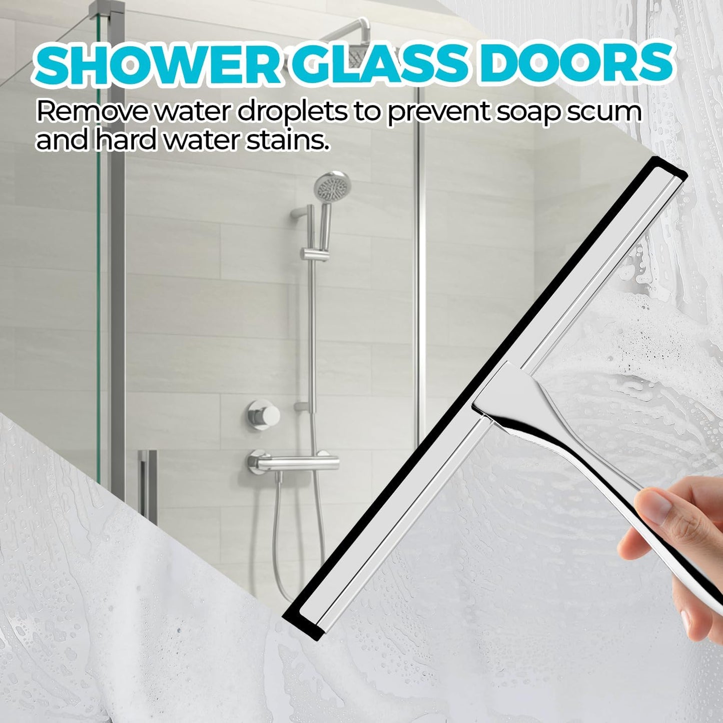 2pcs Shower Squeegee for Glass Doors with Adhesive Hanging Hook Set | 10” Silver, Bathroom Accessories, Window Cleaner, New Home Essentials, Soft Rubber Blade, Metal Handle, Ergonomic Grip