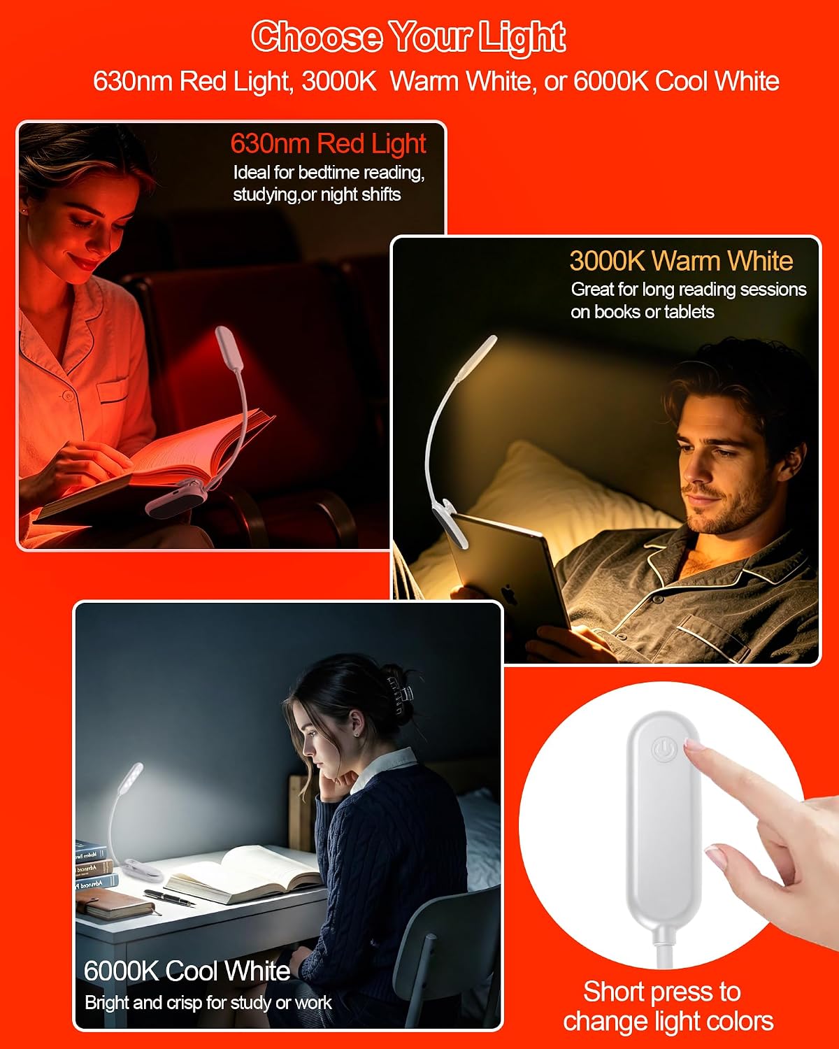 630nm Red Book Light for Reading at Night - Zero Blue Light, Dimmable Reading Lights for Books in Bed, LED Book Lamp Clip on, Gift for Students Parents Nurse Studying Travel (1 Pack)
