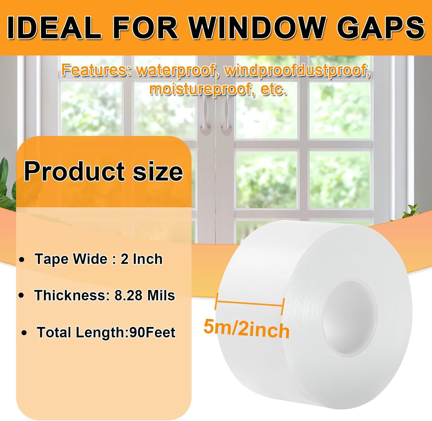 Qoqooice Transparent Window Weather Sealing Tape 2 Inch x 33 FT Weather Stripping Residue-Free Clear Window Insulation Tape for Doors Windows and Shower Glass Gaps