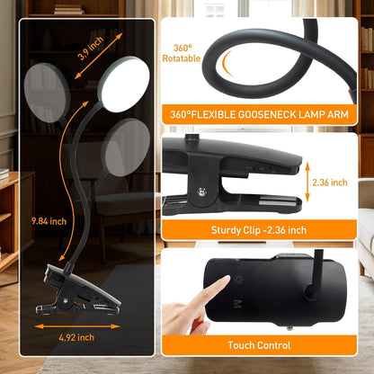 Cordless Rechargeable Clip On Desk Lamp Thick Flexible 360° Gooseneck