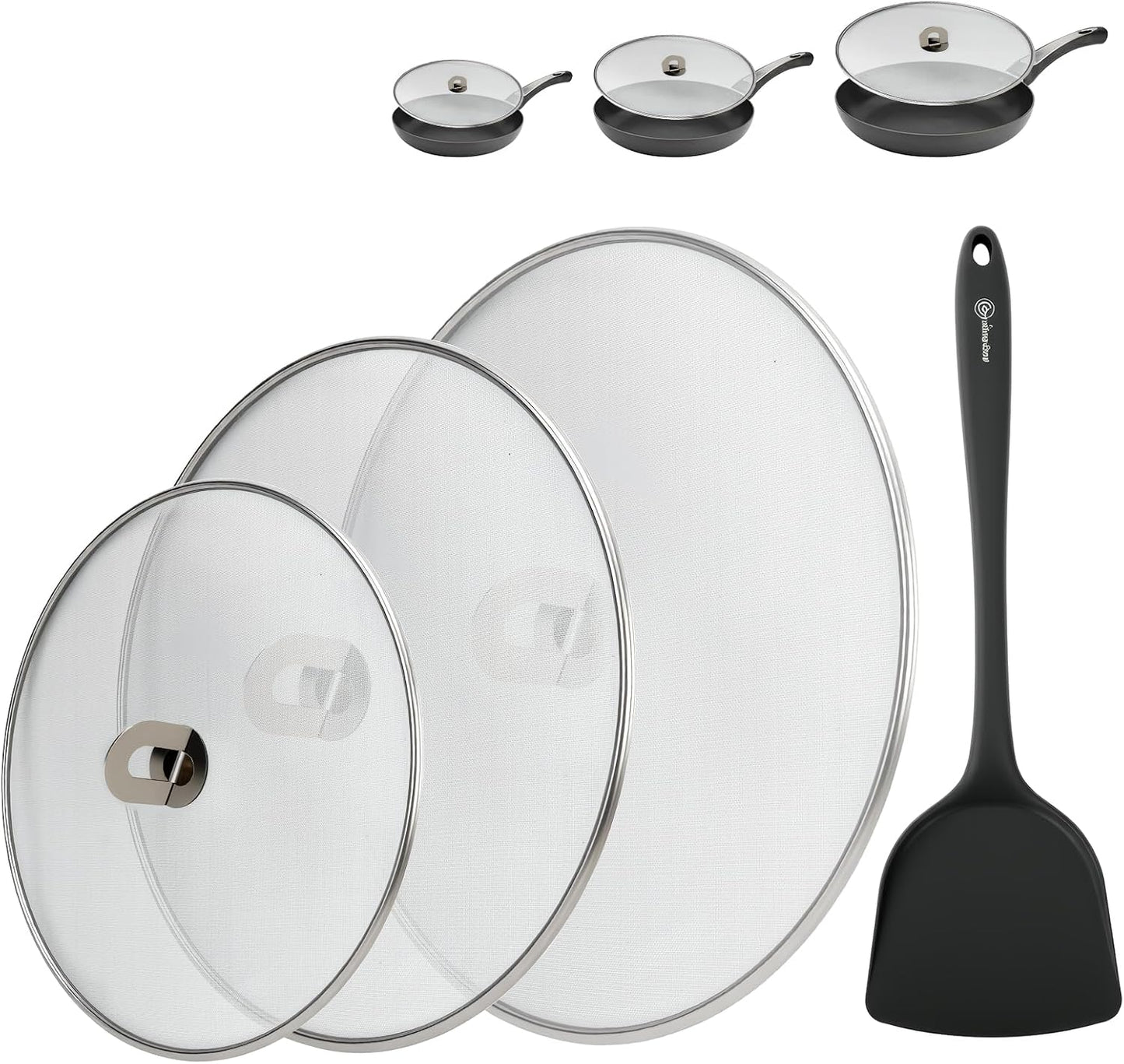 WRENYZK 3-Pack Grease Splatter Screen for Frying Pan with Spatula | Stainless Steel Splatter Guard with Fold Flat, No Burns Kitchen Oil Splatter Guard Set for Safe Cooking(10", 11.5", 13")