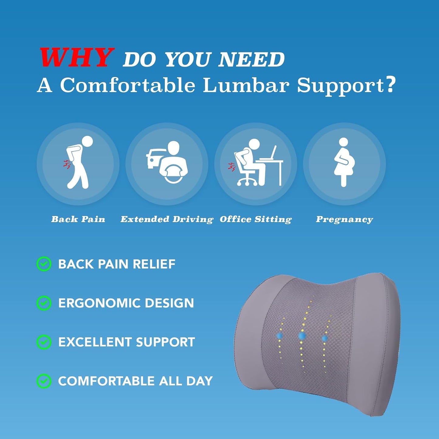 Lofty Aim Lumbar Support Pillow for Car, Car Seat Back Support for Driving | Memory Foam Car Lumbar Support for Driving Seat, Car Back Cushion, Adjustable Straps, Lower Back Pillow, Office Chairs, Black
