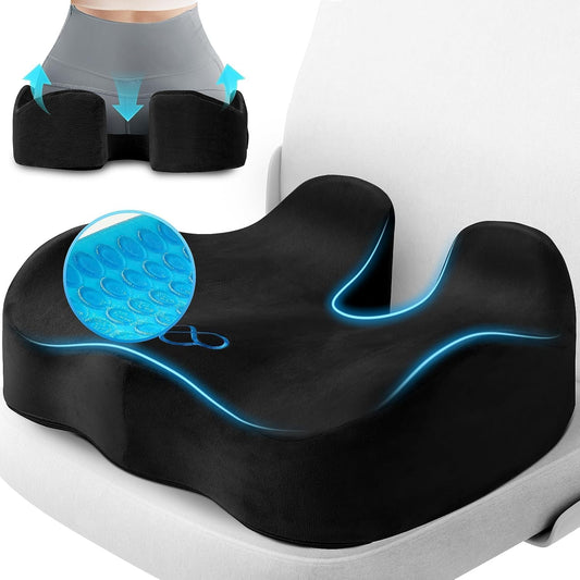 CushyOasis Seat Cushion, Gel Memory Foam Office Chair Cushions, (Black) | Chair Cushion, Anti-Slip Bottom & Removable Cover Tailbone Pain Relief Cushion, Memory Foam Seat Cushion for Office