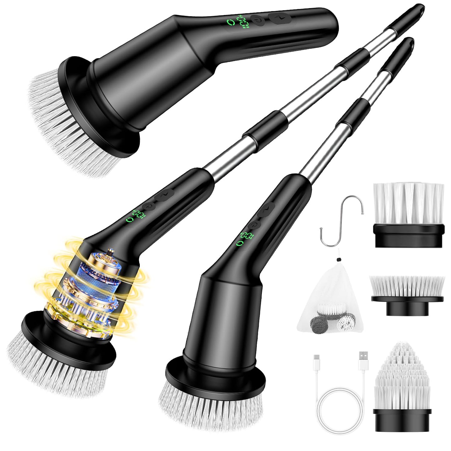 Electric Spin Scrubber for Bathroom, Shower Scrubber with Long Handle | Shower Cleaner Brushes, IPX7 Waterproof & 2 Speed, 3 Brush Heads, 90min Runtime, Bathroom Cleaning Supplies for Toilet Tub