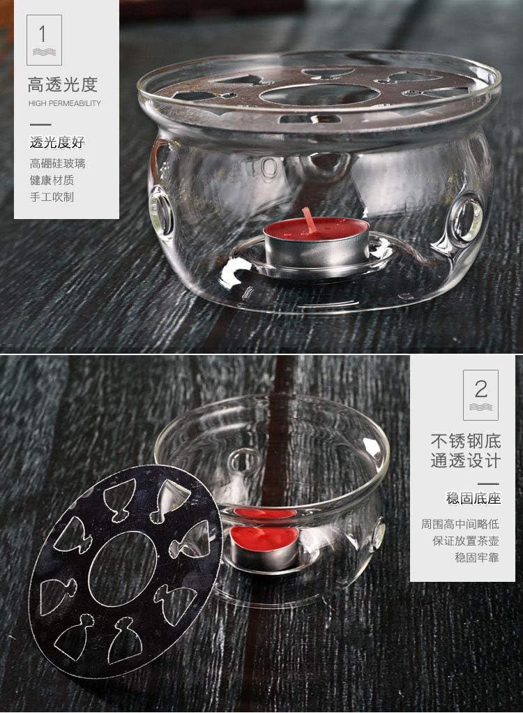 Teapot Warmer with Stainless Steel Plate Handcrafted Clear High Borosilicate Glass Round Diameter 5inch for 600-1800ml Teapot
