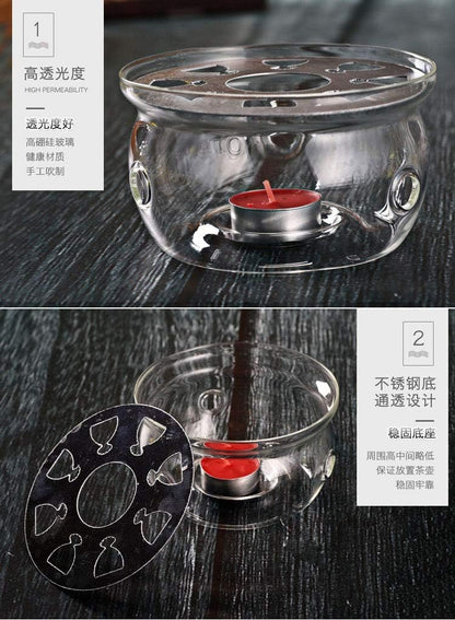 Teapot Warmer with Stainless Steel Plate Handcrafted Clear High Borosilicate Glass Round Diameter 5inch for 600-1800ml Teapot