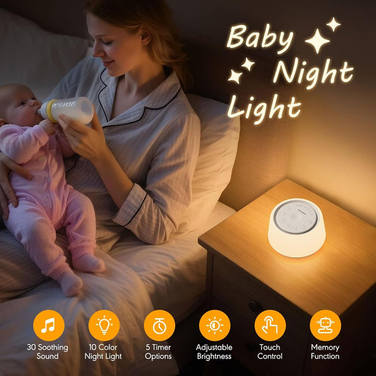 White Noise Machine with Night Light, 30 Soothing Sounds Portable Sound Machine for Baby and Adults, 10 Color Night Light, 5 Timer Options, Memory Function,Compact for Travel (White)
