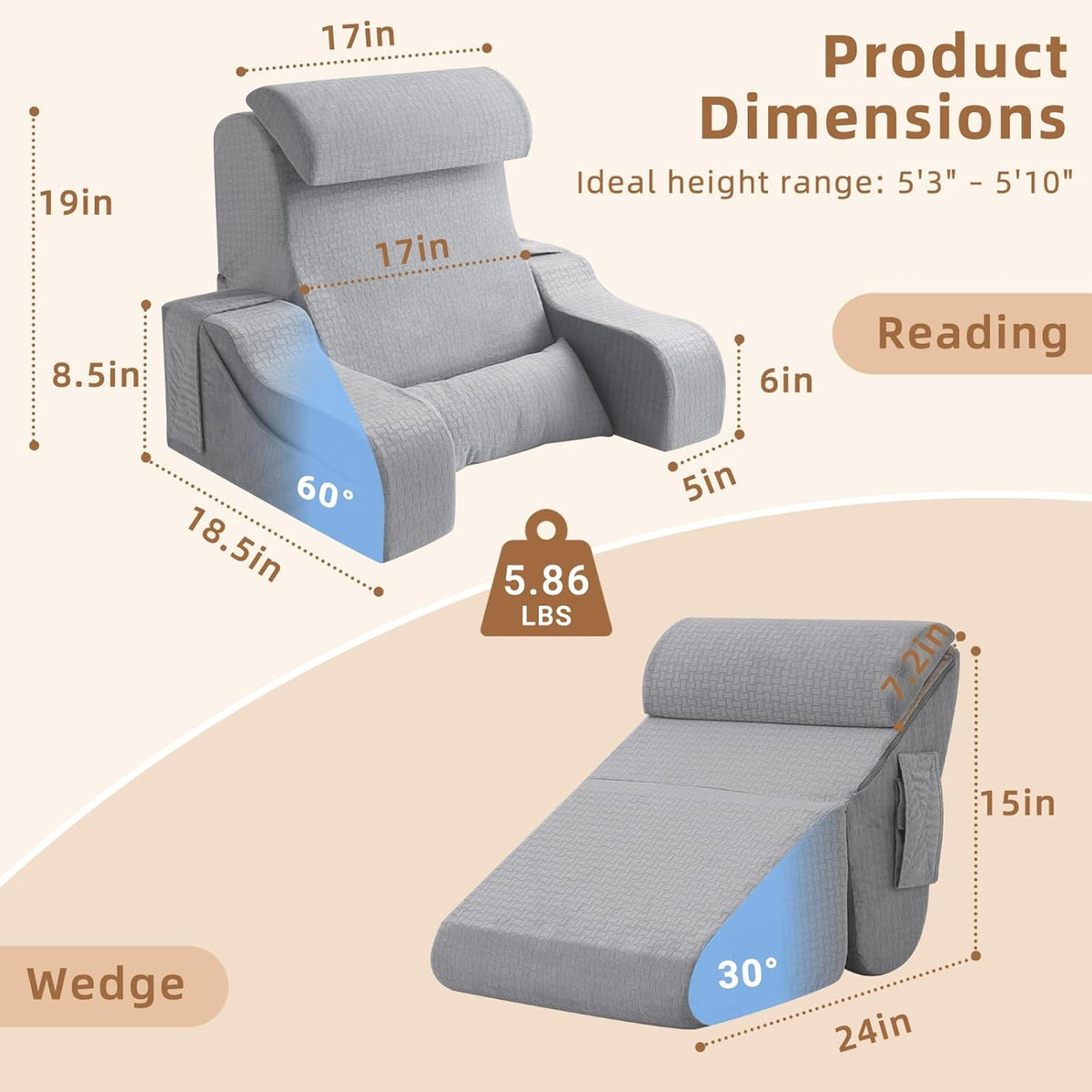 Foldable Reading Pillow for Sitting in Bed Adult, White/Grey, 19"