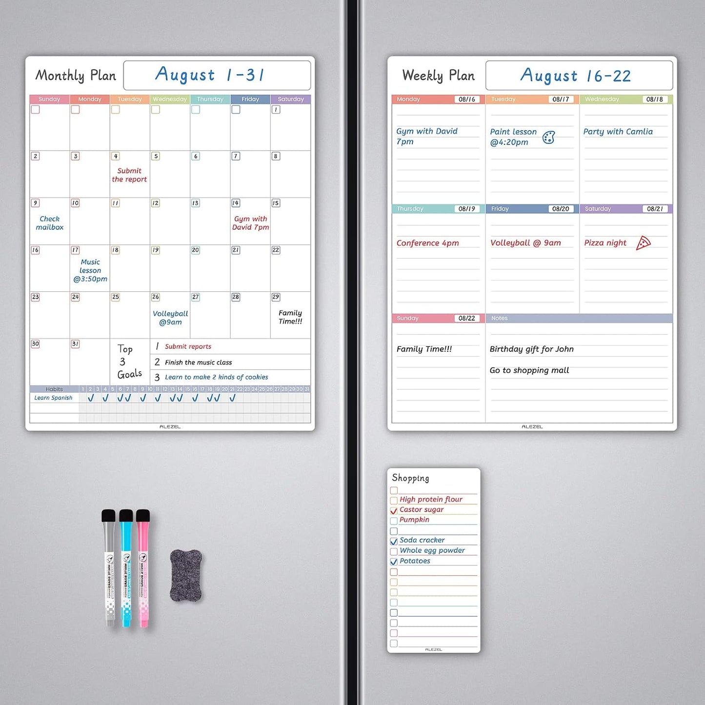 ALEZEL Magnetic Fridge Calendar Whiteboard, Dry Erase Refrigerator Calendar | Includes Magnetic Dry Erase Monthly & Weekly Planner for Fridge, Grocery List White Board, 3 Markers + Eraser