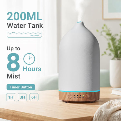 Ceramic Essential Oil Diffuser for Home (Set of 2) Air Humidifier | 200ML Ultrasonic Aromatherapy Diffuser & Humidifier 7 LED Lights, Auto Shut-Off, Wood Base, 3 Timers for Bedroom, Office,Yoga