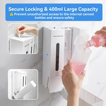 Shower Soap Dispenser Bathroom Accessories Set Wall Mounted No Drill | 3 Chamber Body Wash Shampoo and Conditioner Dispenser 1200ml Shampoo Bottles Holder Refillable with Pump for Hotel RV Laundry