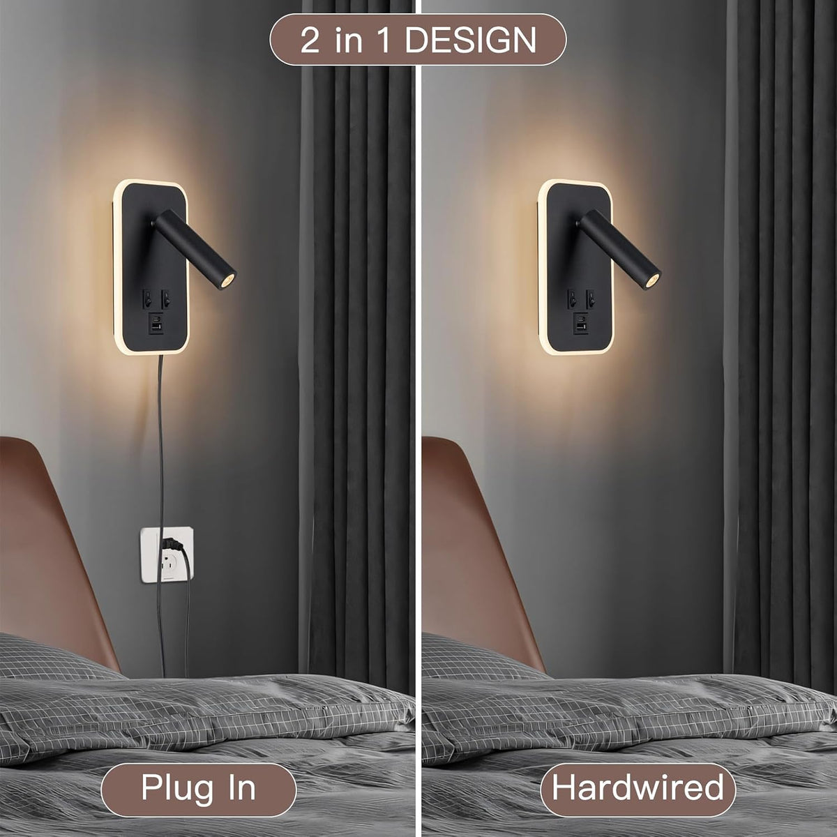 Wall Mount Headboard Reading Lights, Plug-in Bunk Bedside Lamp Wall Sconce