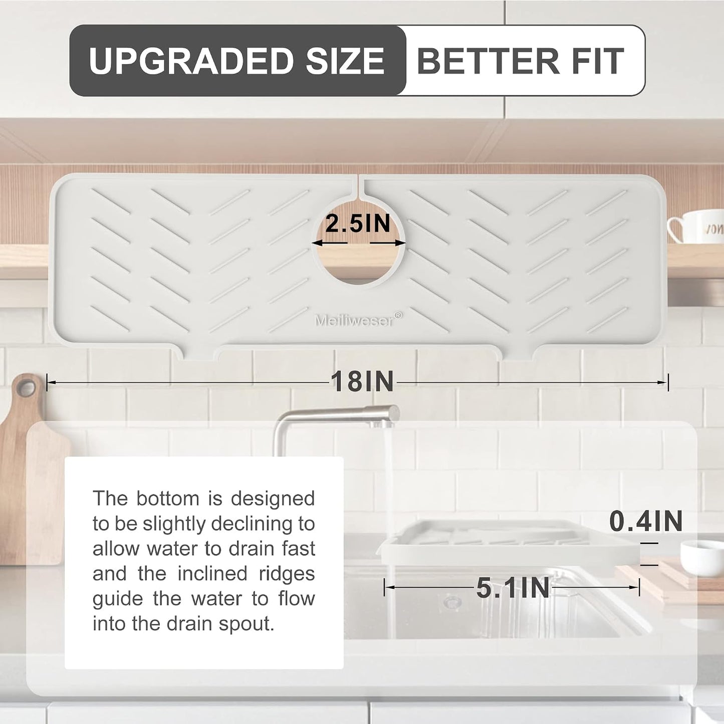 Silicone Faucet Mat for Kitchen Sink – Gen 2 Splash Guard with Upgraded Outlet & Slope – 18” x 5.1” Water Catcher & Sink Sponge Holder for Kitchen and Bathroom (Black)