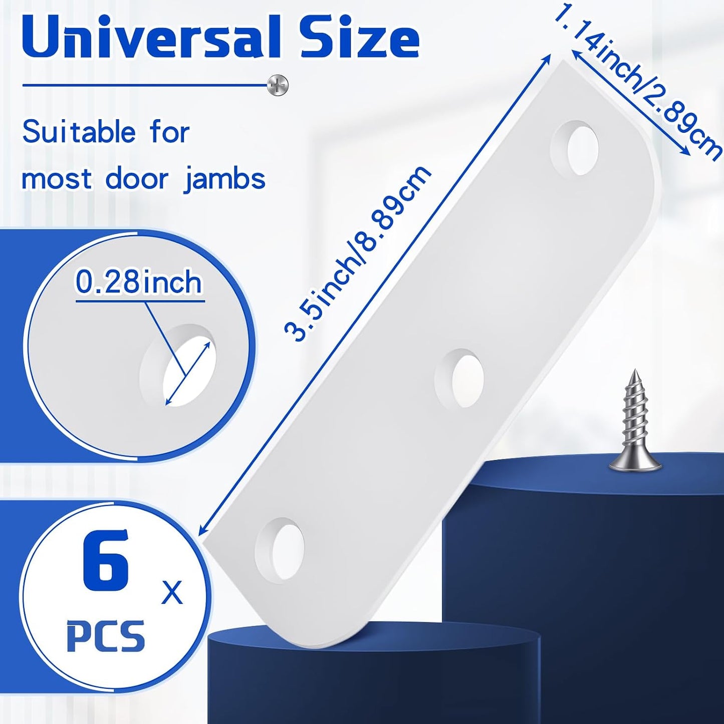 Lounsweer 6 Pcs Hinge Filler Plates 3.5 Inch With 5/8 Inch Door Edge Filler, Stainless Steel Door Hinge Shims, Gate Hole Cover, Satin Chrome Blanks With Matching Screws, Silver