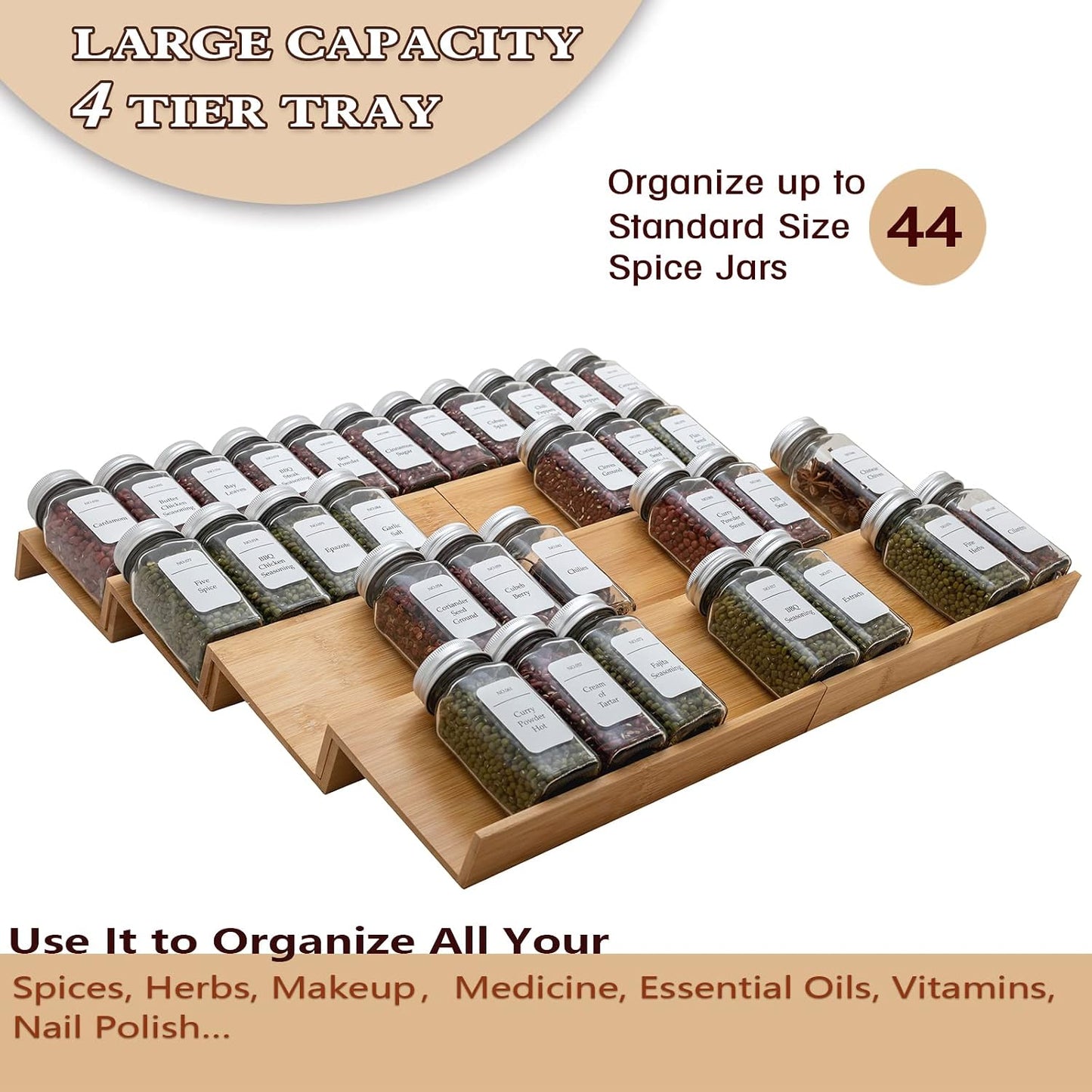 Bamboo Spice Rack Drawer Organizer - 8 Pieces Set- 7" Wide Per Piece - Combine Pieces Into 14" Wide Rack (7" or 14")