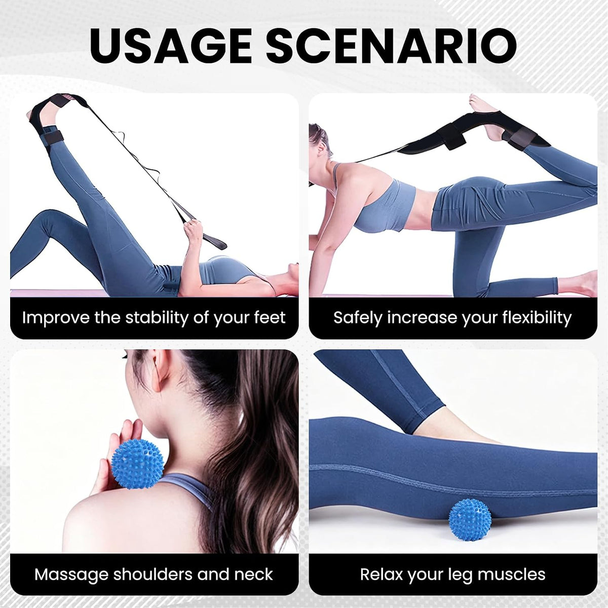 JIURUN Calf Stretcher and Foot Rocker for Plantar Fasciitis - Leg Stretching Strap, Hamstring and Calf Stretcher, Suitable for Stretching Legs and Thighs (Blue)
