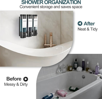 Shampoo Conditioner Shower Soap Dispenser 3 Chamber Wall Mount Black | Refillable. Leakproof 900ml. No-Drill Wall Mount. Soap, Shampoo, Conditioner, Body Wash, Shower Gel, Bathroom Set. BPA-Free.